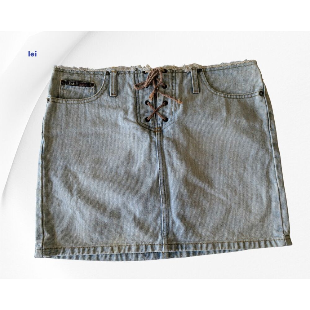 LEI Jeans Denim Mini Skirt Lace Up Front Y2K Low Rise Light Wash Sz 11